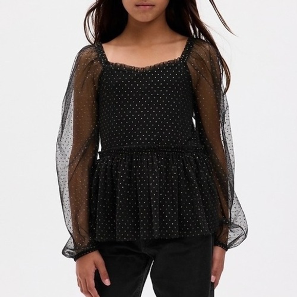 Gap‎ Girls' Print Ruched Chiffon Top, Black / Gold Polka Dots (Sz L / 10)